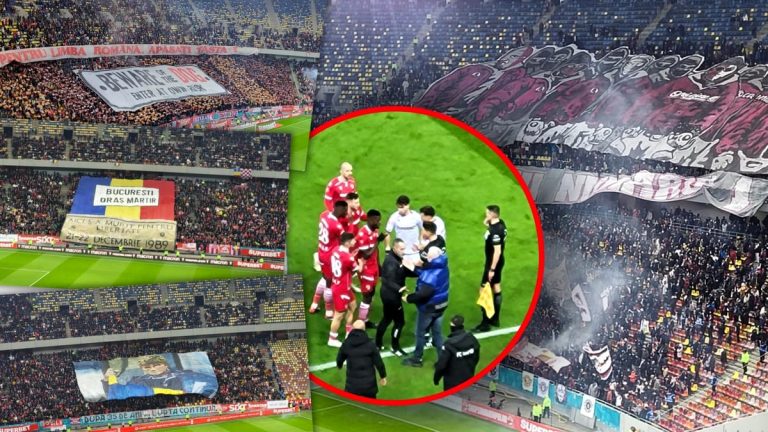 Alb pe gazon, colorat în tribune! Ce nu s-a văzut în Dinamo – Rapid: fani la bustul gol la 2°C, Şumi ca un leu în cuşcă, scenografii spectaculoase şi ironii acide! Fanatik.ro” „prefix”:”@ 